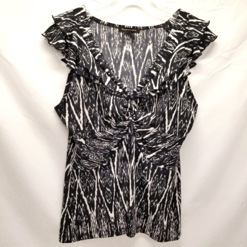 Susan Lawrence Woman Sz L Blouse Ruffle V Neck Gathered Front Sleeve Black White